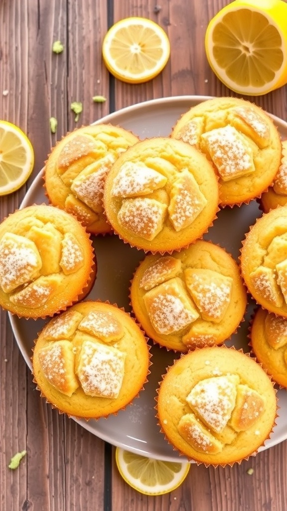 Freshly baked lemon zucchini muffins on a plate, garnished with powdered sugar and lemon slices.